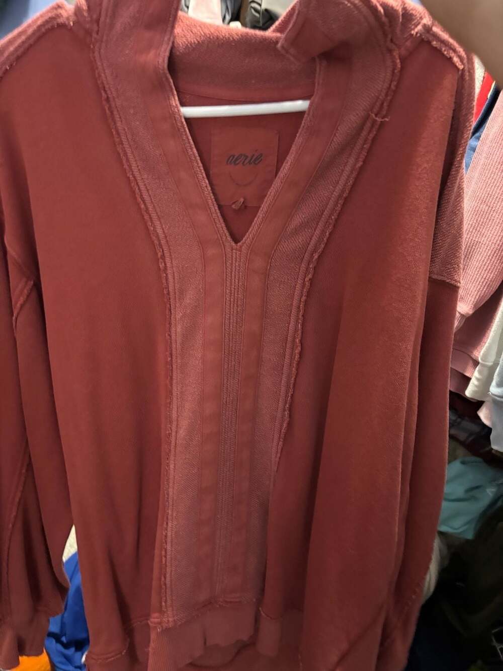 Aerie Raw Edge V-Neck Pullover Sweatshirt Coral Size XS